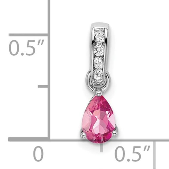 New 14K White Gold Pear Pink Tourmaline October & Diamond necklace charm Pendant - Picture 3 of 3